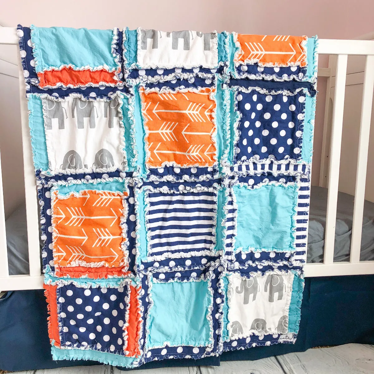 Elephant Crib Bedding - Blue / Orange / Navy / Gray