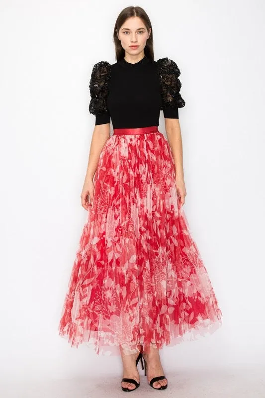 Floral mesh pleated red skirt