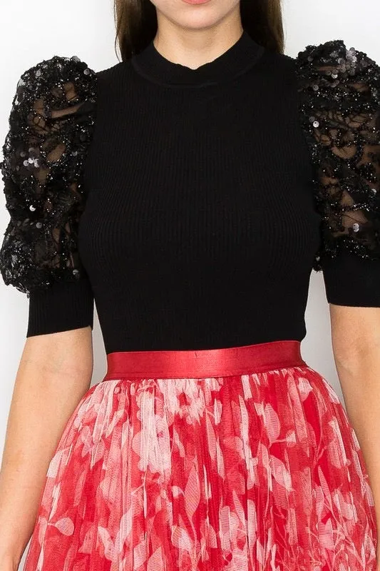 Floral mesh pleated red skirt