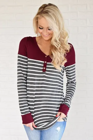 Go Your Own Way Striped Top ~ Burgundy & Grey