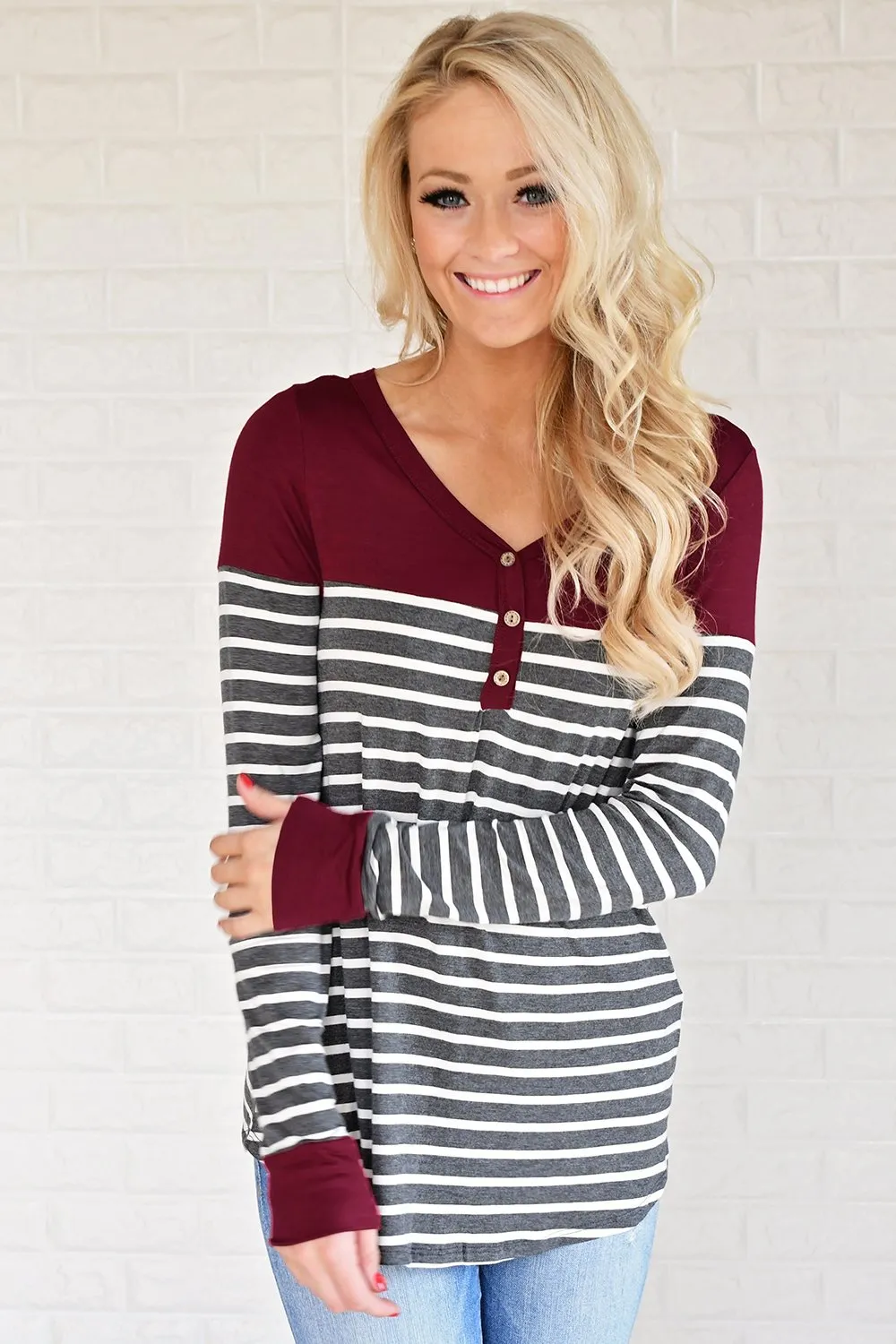 Go Your Own Way Striped Top ~ Burgundy & Grey