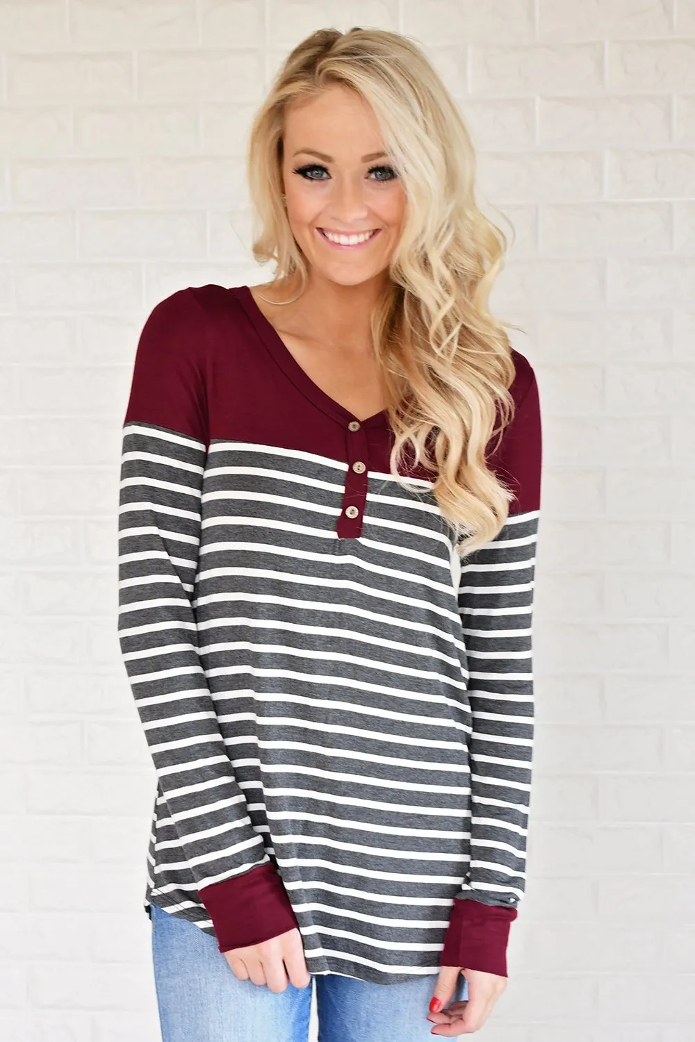 Go Your Own Way Striped Top ~ Burgundy & Grey