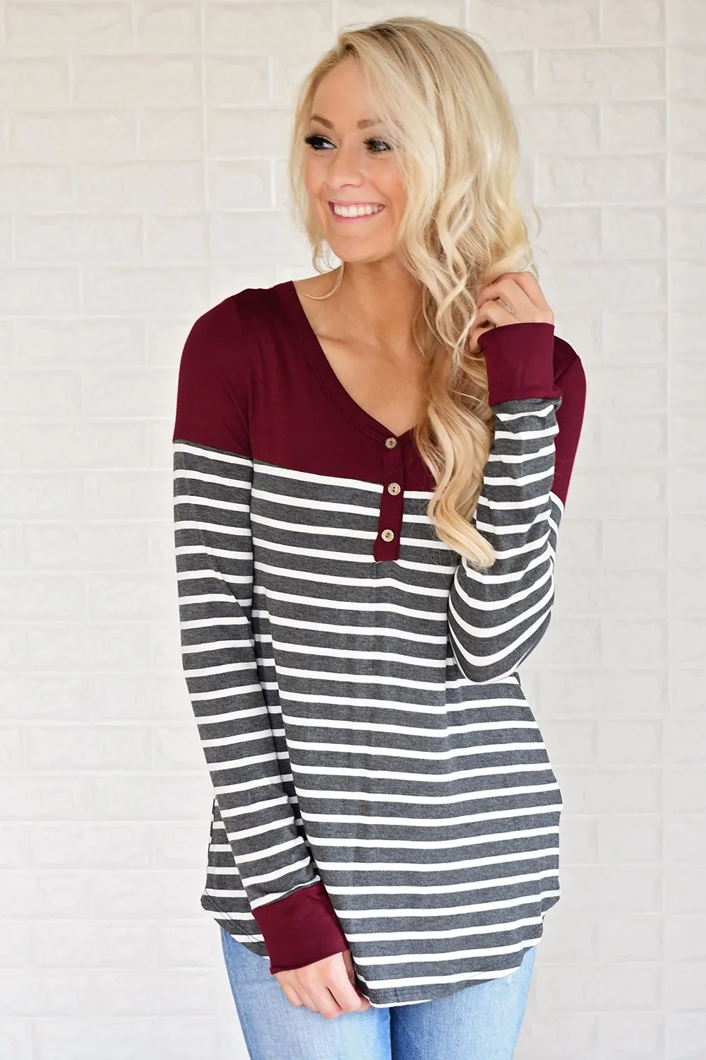 Go Your Own Way Striped Top ~ Burgundy & Grey