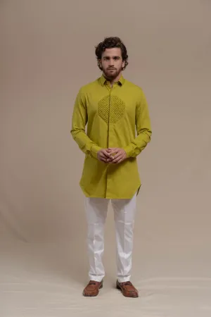 GREEN SMOCKING SHORT KURTA/TUXEDO SHIRT SET
