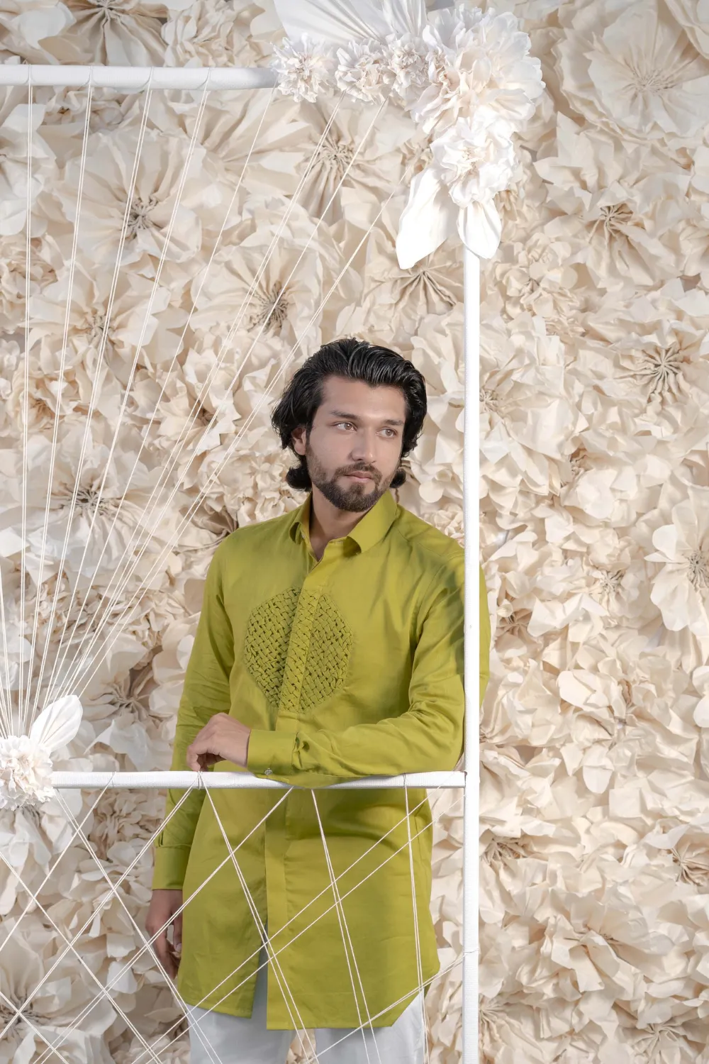 GREEN SMOCKING SHORT KURTA/TUXEDO SHIRT