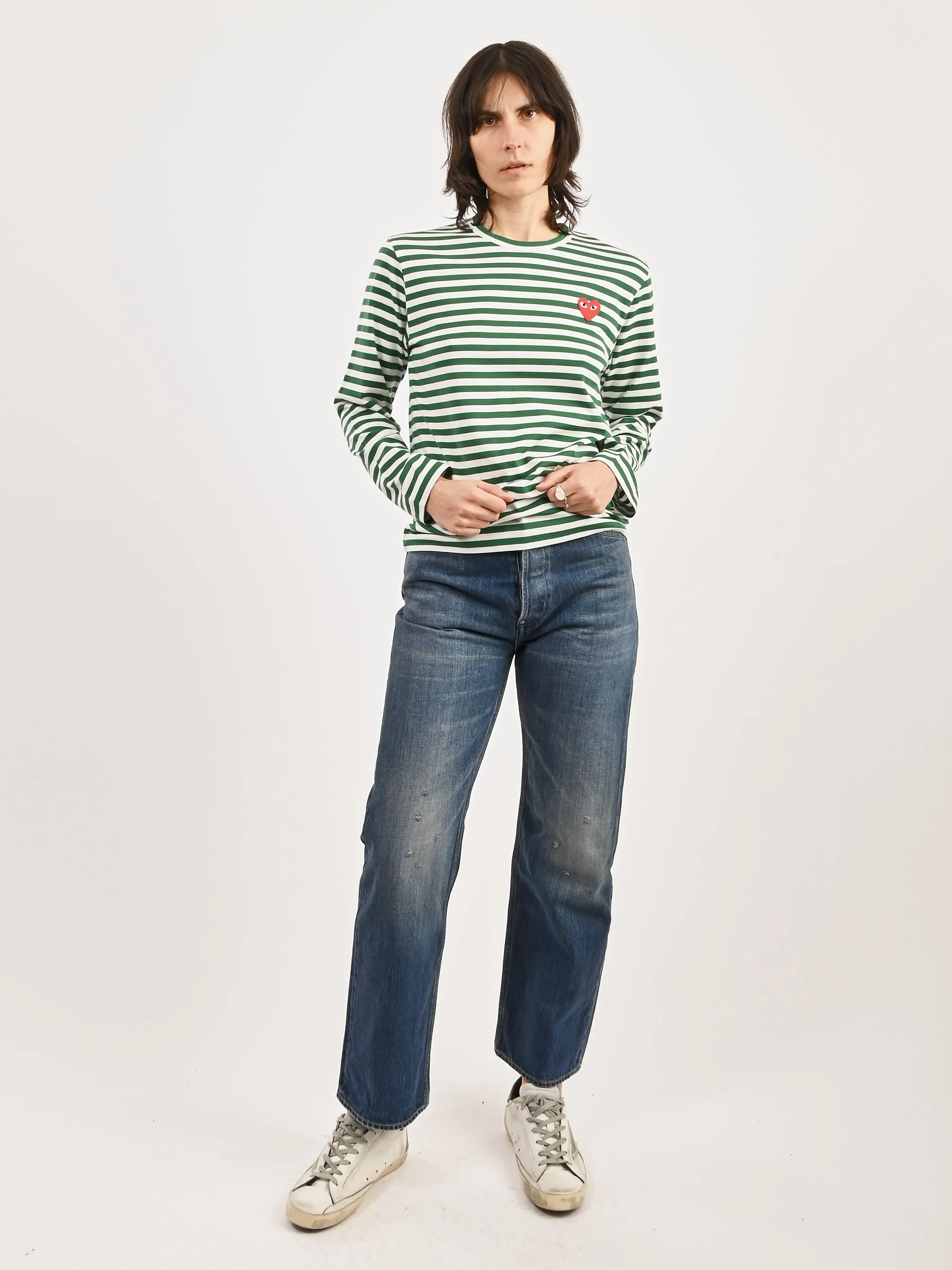 Green/White Red Heart Play Striped T-Shirt