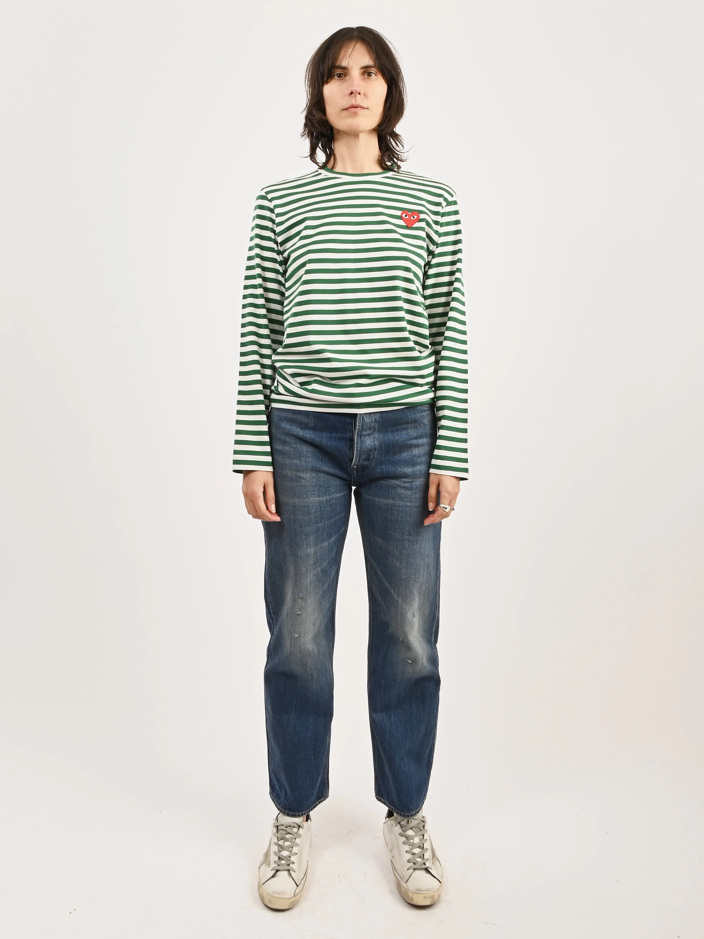 Green/White Red Heart Play Striped T-Shirt