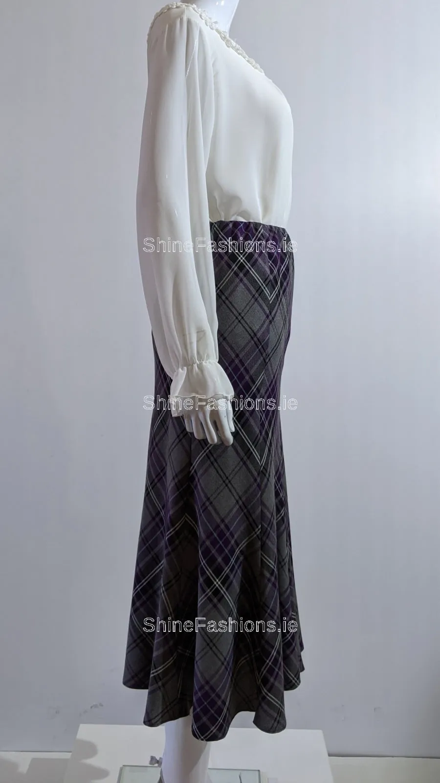Grey & Purple Elasticated Lined A-Line Checked Tartan Skirt