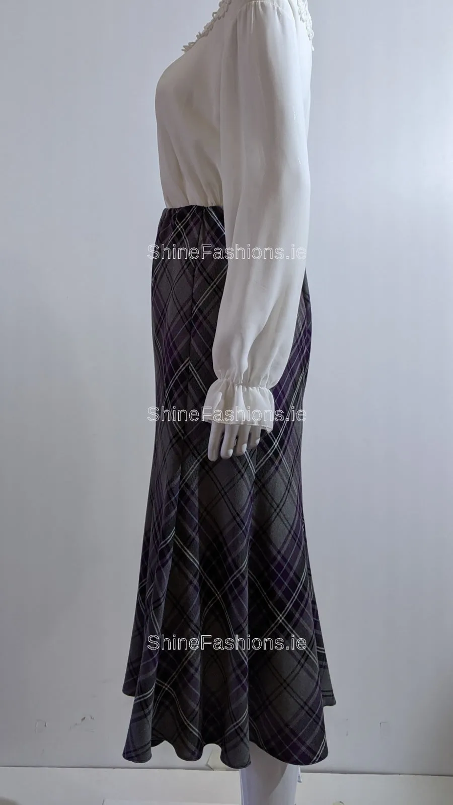 Grey & Purple Elasticated Lined A-Line Checked Tartan Skirt