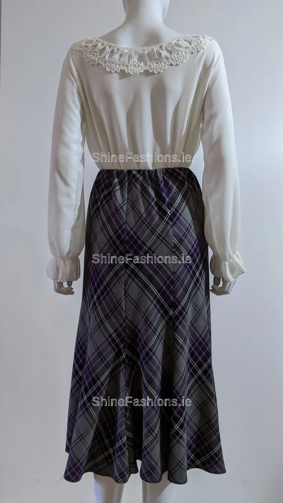 Grey & Purple Elasticated Lined A-Line Checked Tartan Skirt