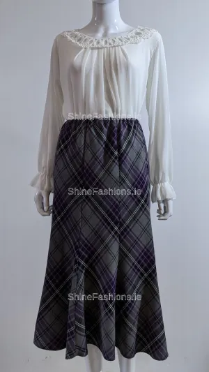 Grey & Purple Elasticated Lined A-Line Checked Tartan Skirt