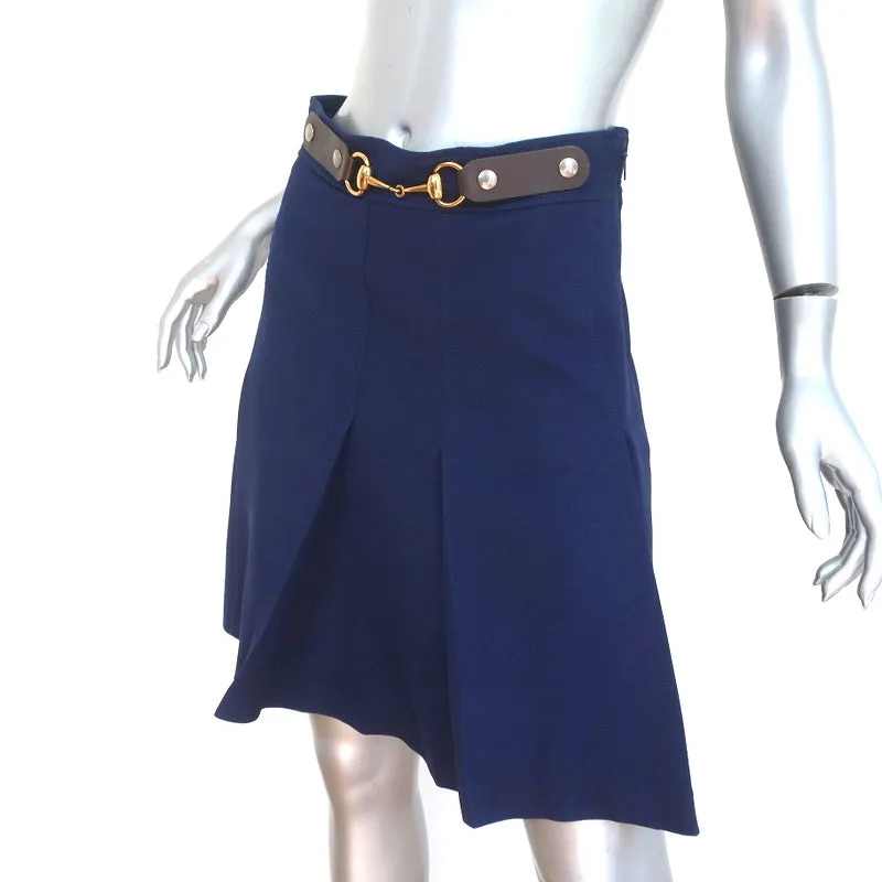 Gucci Horsebit Pleated Skirt Navy Silk-Wool Size 42