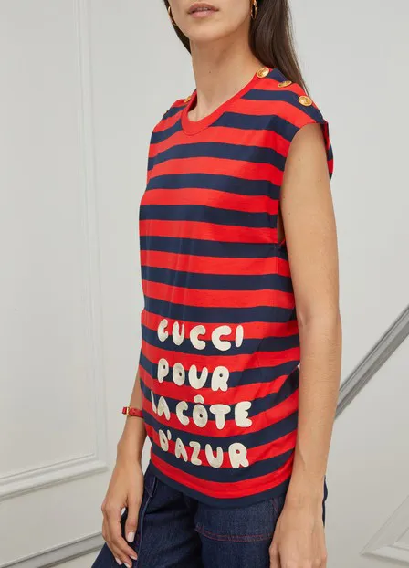Gucci S/S Striped Pour La Cote D'Azur T-Shirt in Red and Navy