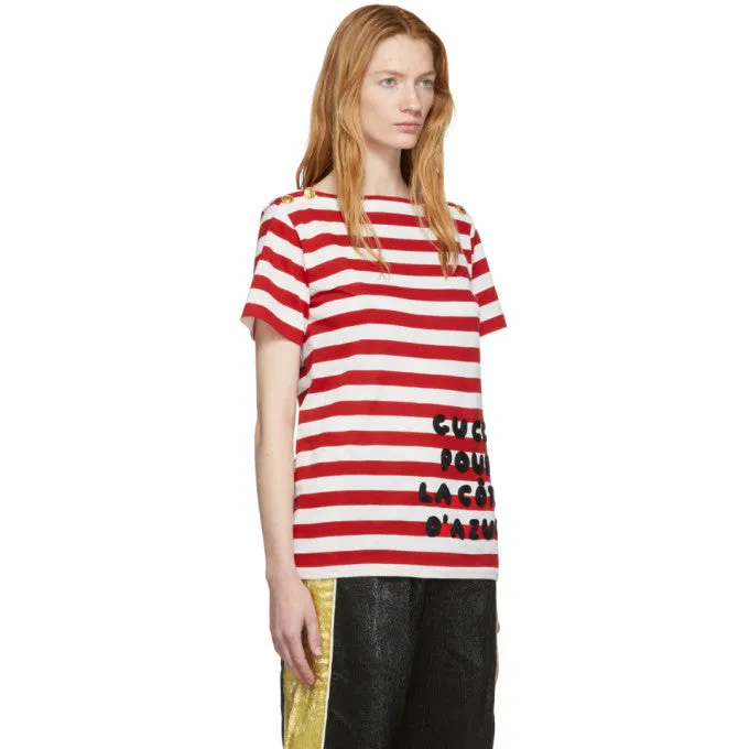 Gucci S/S Striped Pour La Cote D'Azur T-Shirt in Red and White