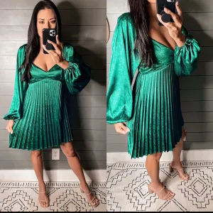 Happy Holidays Green Pleated Dress