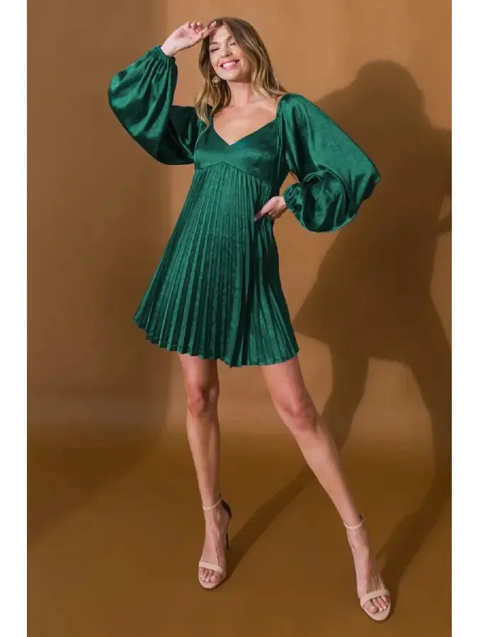 Happy Holidays Green Pleated Dress