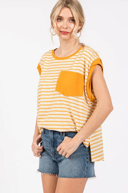 Hazel Blues® |  Ces Femme Side Slit Striped Cap Sleeve T-Shirt
