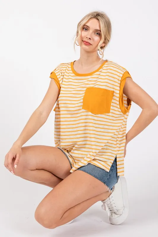 Hazel Blues® |  Ces Femme Side Slit Striped Cap Sleeve T-Shirt