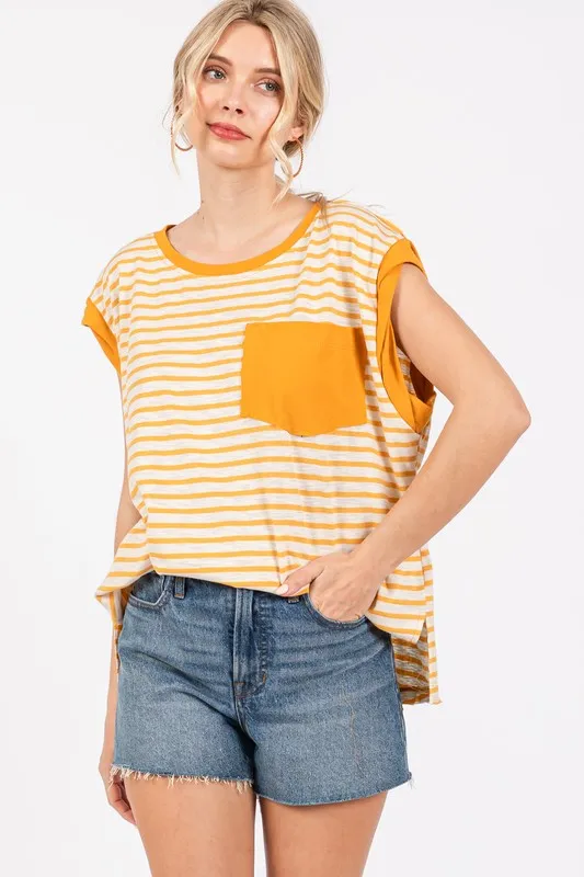 Hazel Blues® |  Ces Femme Side Slit Striped Cap Sleeve T-Shirt