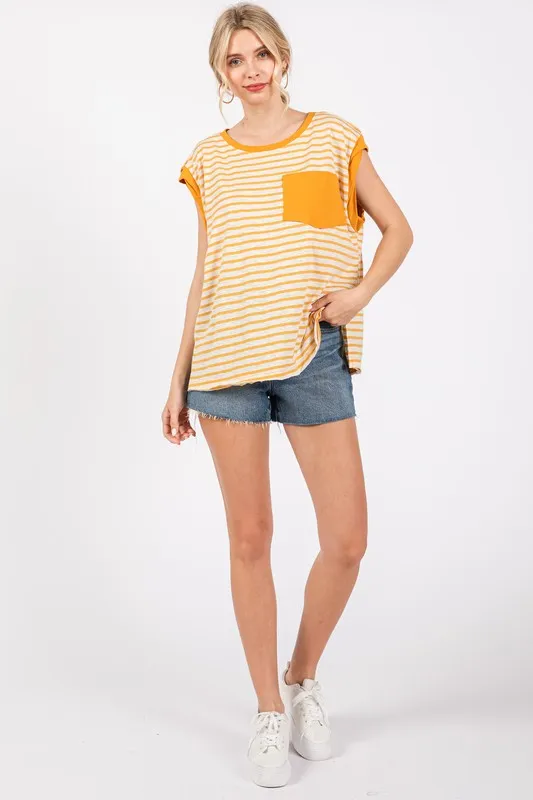 Hazel Blues® |  Ces Femme Side Slit Striped Cap Sleeve T-Shirt