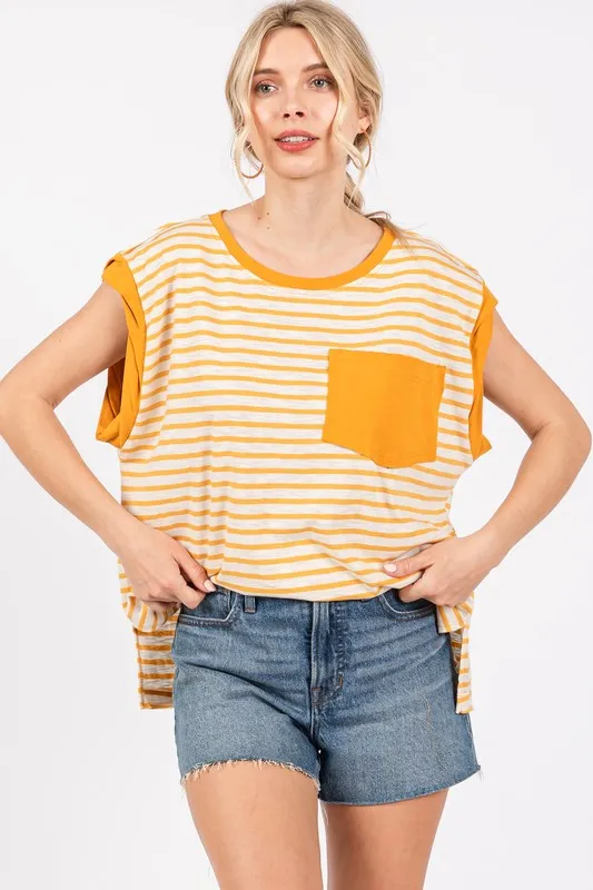 Hazel Blues® |  Ces Femme Side Slit Striped Cap Sleeve T-Shirt