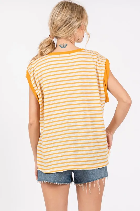 Hazel Blues® |  Ces Femme Side Slit Striped Cap Sleeve T-Shirt