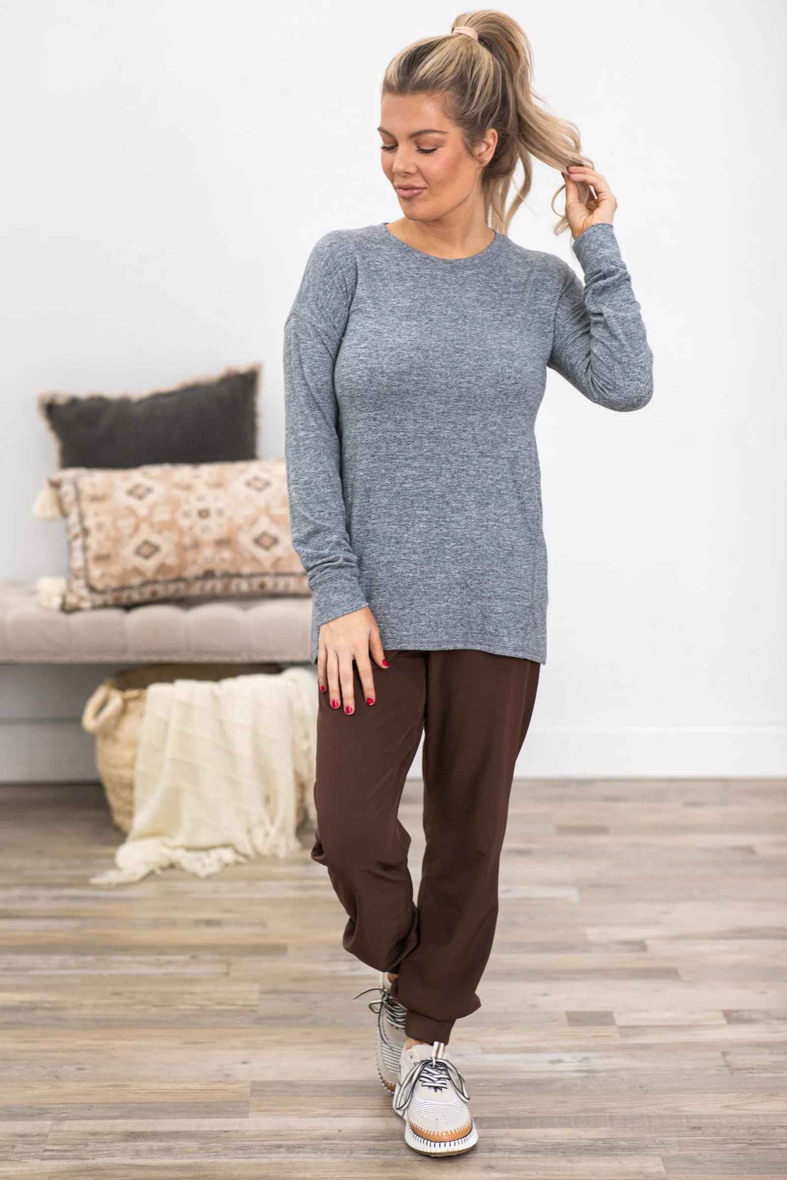 Heather Grey Brushed Crewneck Long Sleeve Top