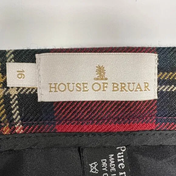 House of Bruar Tartan Plaid Invert Pleat Wool Skirt Made in Scotland Sz 16