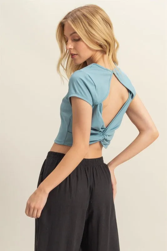 HYFVE Cutout Twisted Back Round Neck Short Sleeve T-Shirt