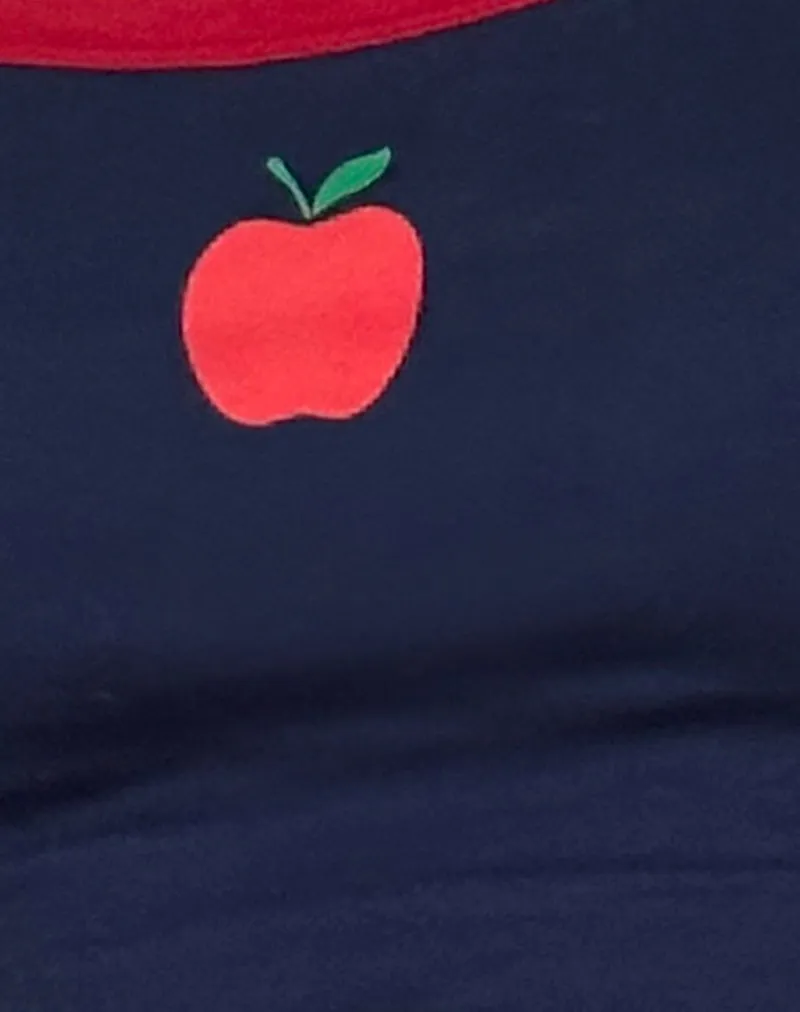 Icah Pyjama Vest Top in Navy with Red Binding and Apple Motif