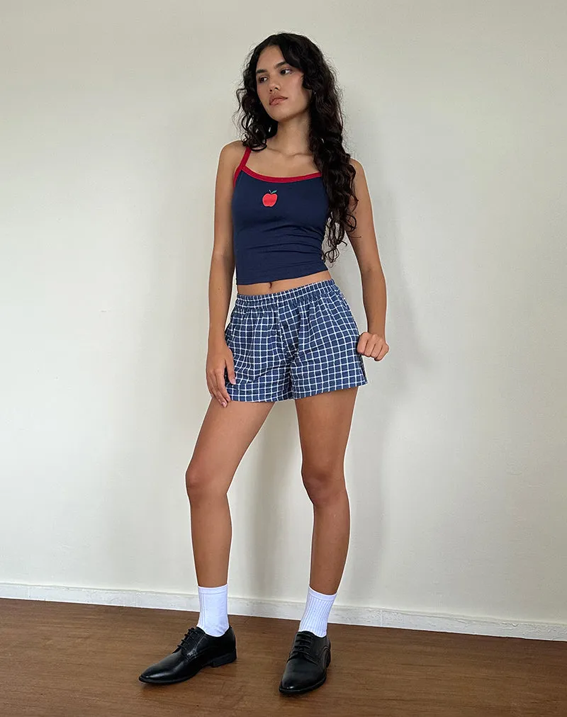 Icah Pyjama Vest Top in Navy with Red Binding and Apple Motif