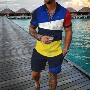 Irregular Color Contrast Short Sleeve Polo Shirt And Shorts Co-Ord