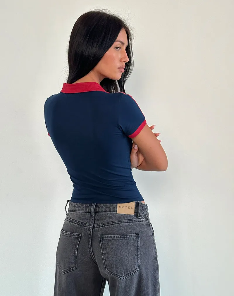 Isda Top in Navy with Adrenaline Red Binding and M Embroidery