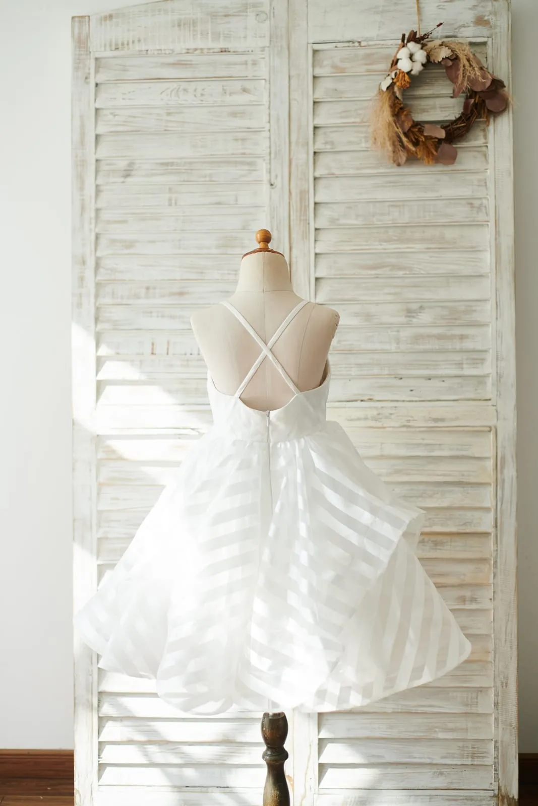 Ivory Stripe Organza Spaghetti Straps Wedding Flower Girl Dress