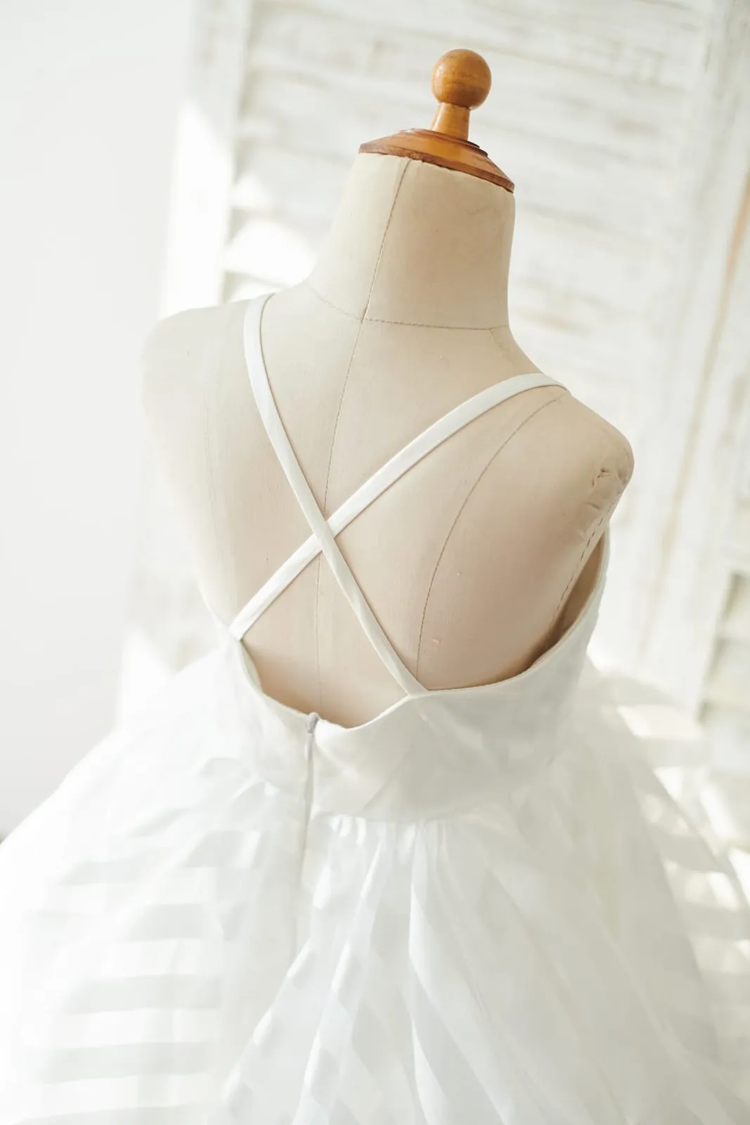 Ivory Stripe Organza Spaghetti Straps Wedding Flower Girl Dress