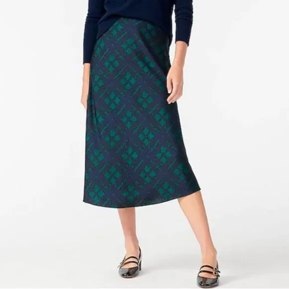 J. Crew Pull-On Matte Satin Slip Midi Skirt Black Watch Tartan Size Small NWT