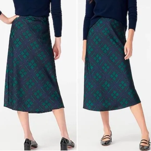 J. Crew Pull-On Matte Satin Slip Midi Skirt Black Watch Tartan Size Small NWT