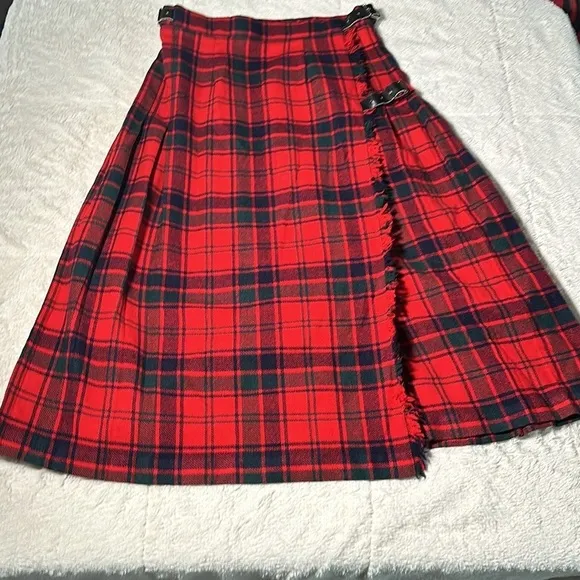 James Dalgliesh Red Plaid Tartan Scottish Kilt Pleated Wrap Skirt Size 12 UK