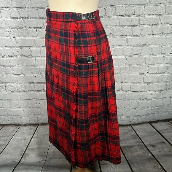 James Dalgliesh Red Plaid Tartan Scottish Kilt Pleated Wrap Skirt Size 12 UK