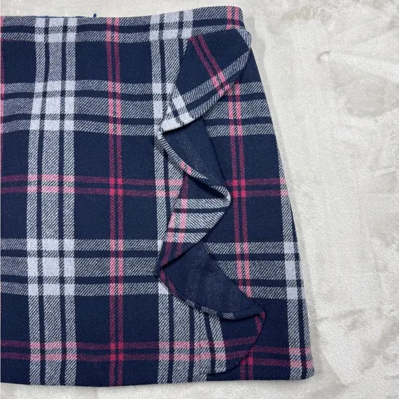 J.Crew Mercantile Wool Blend Tartan Plaid Navy Blue Ruffle Mini Skirt Size 0