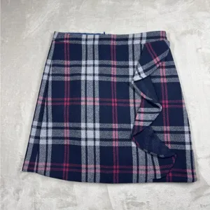 J.Crew Mercantile Wool Blend Tartan Plaid Navy Blue Ruffle Mini Skirt Size 0