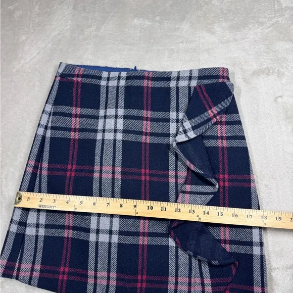 J.Crew Mercantile Wool Blend Tartan Plaid Navy Blue Ruffle Mini Skirt Size 0