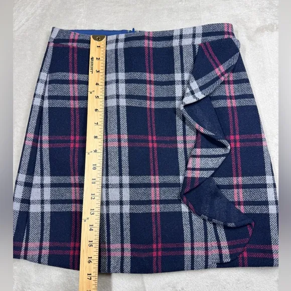 J.Crew Mercantile Wool Blend Tartan Plaid Navy Blue Ruffle Mini Skirt Size 0