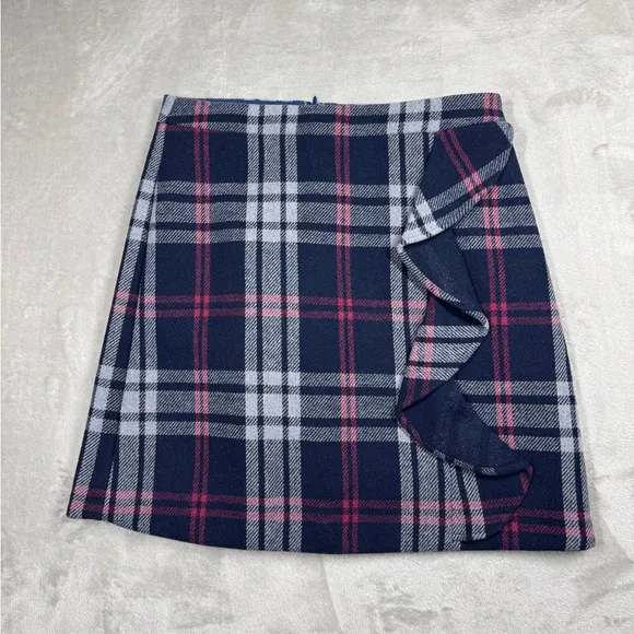 J.Crew Mercantile Wool Blend Tartan Plaid Navy Blue Ruffle Mini Skirt Size 0