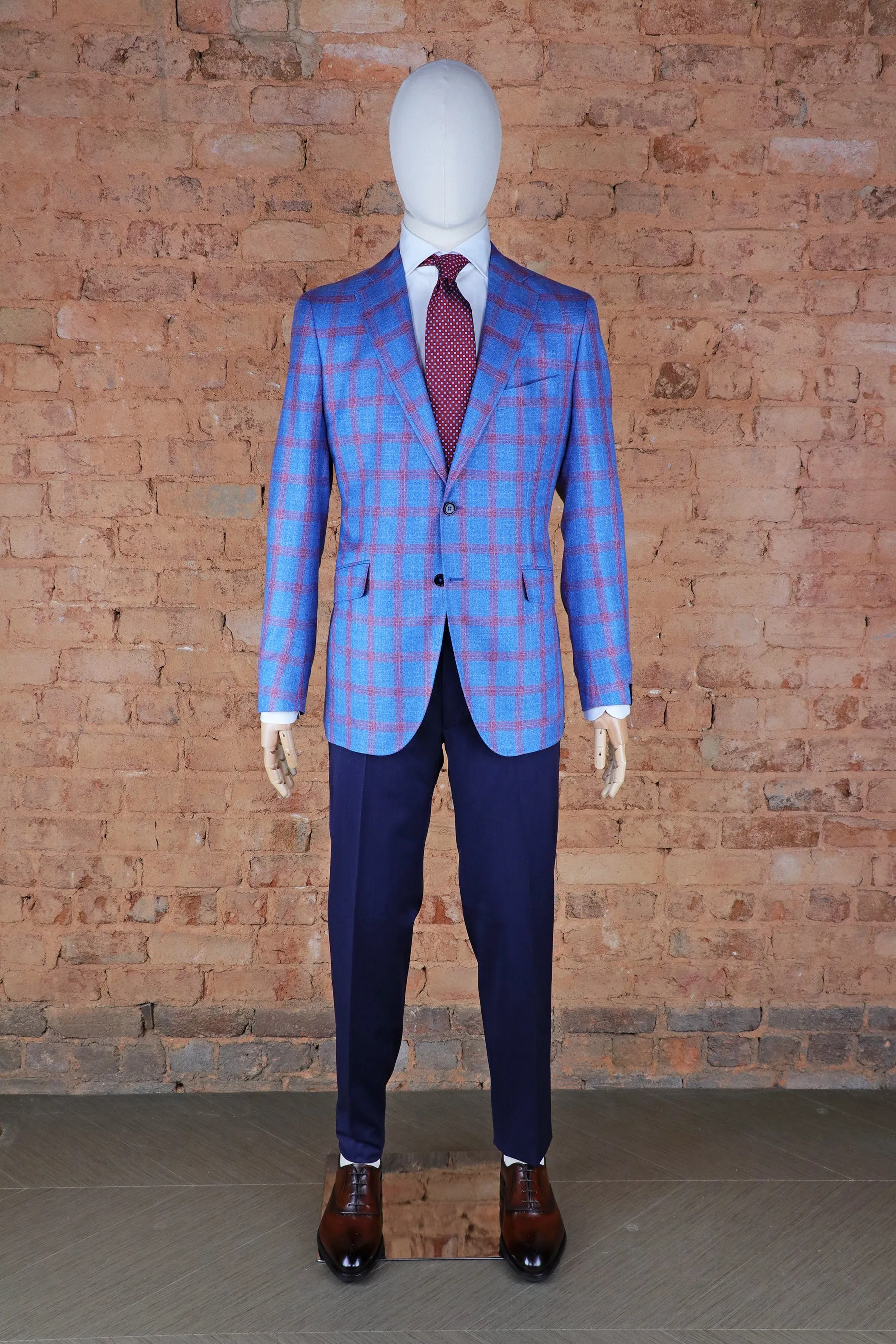 Kenton Unlined Bamboo Viscose Soft Coat in Blue/Red Windowpane
