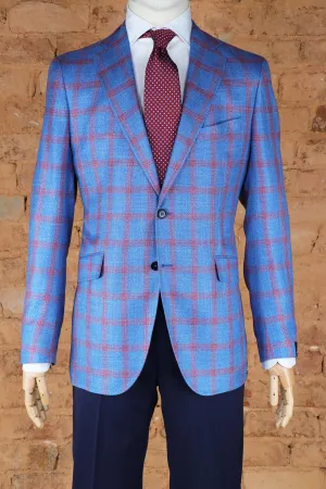 Kenton Unlined Bamboo Viscose Soft Coat in Blue/Red Windowpane