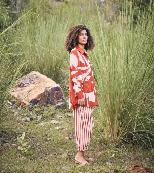 Khara Kapas Hello, Sunset Co-ord Set 100% Cotton  Red and Off-white KW699