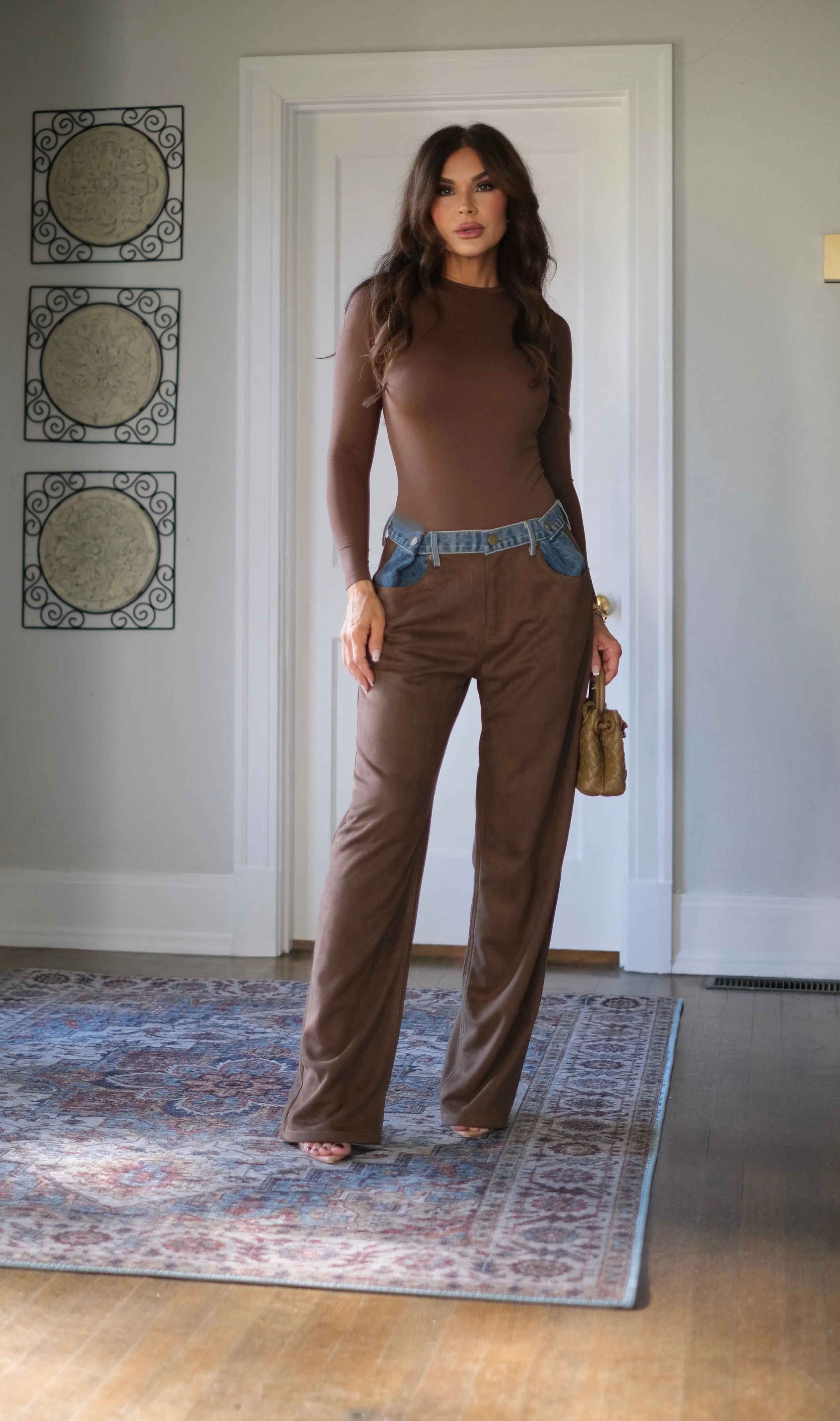Klien denim and brown suede wide leg pant