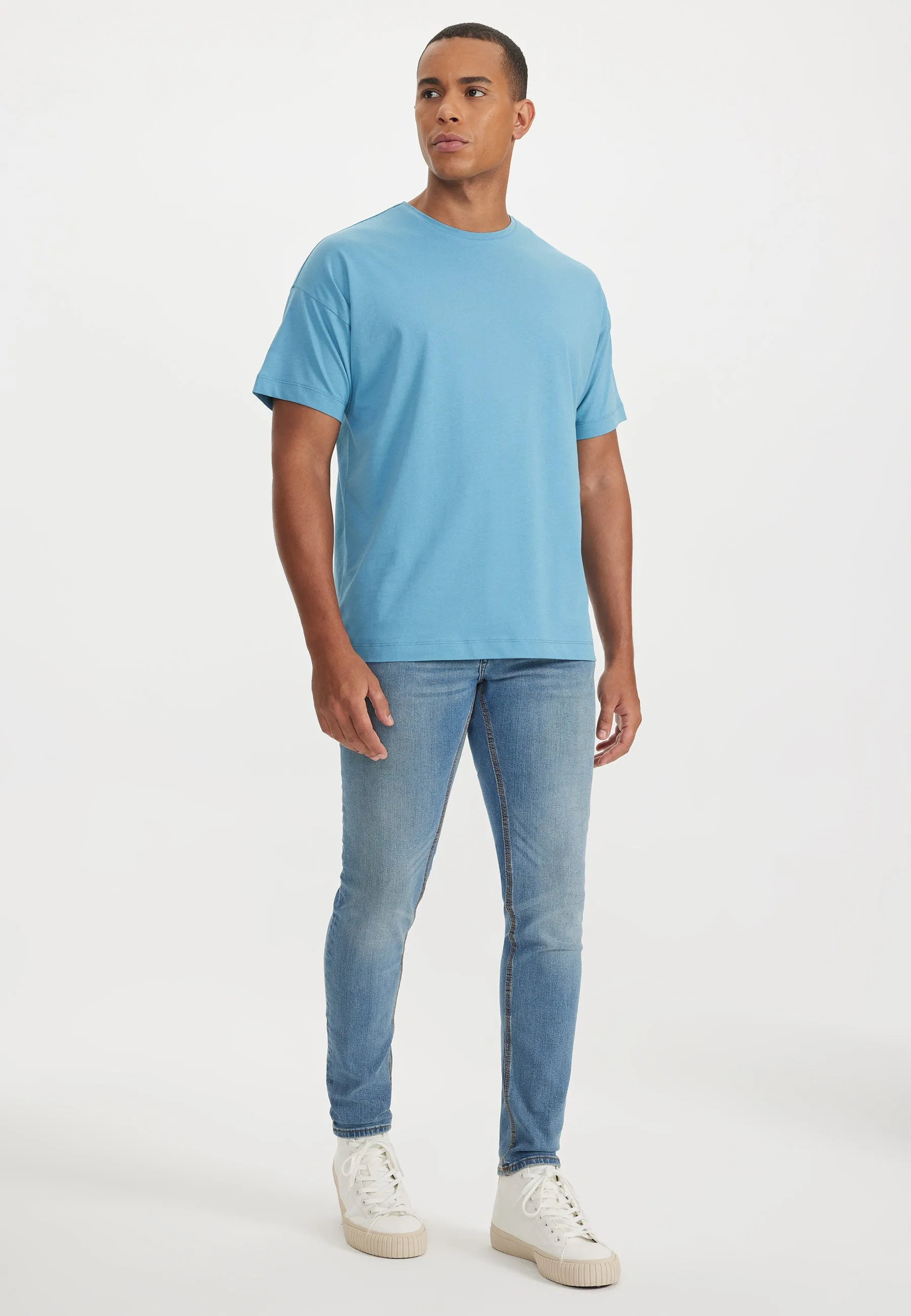 Koyu Mavi Bisiklet Yaka Oversize Fit Pamuklu Basic Erkek T-Shirt THOMAS