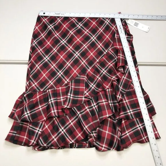 Lauren Ralph Lauren Skirt Red Tartan Plaid Ruffles Knee Length Pull On Women L